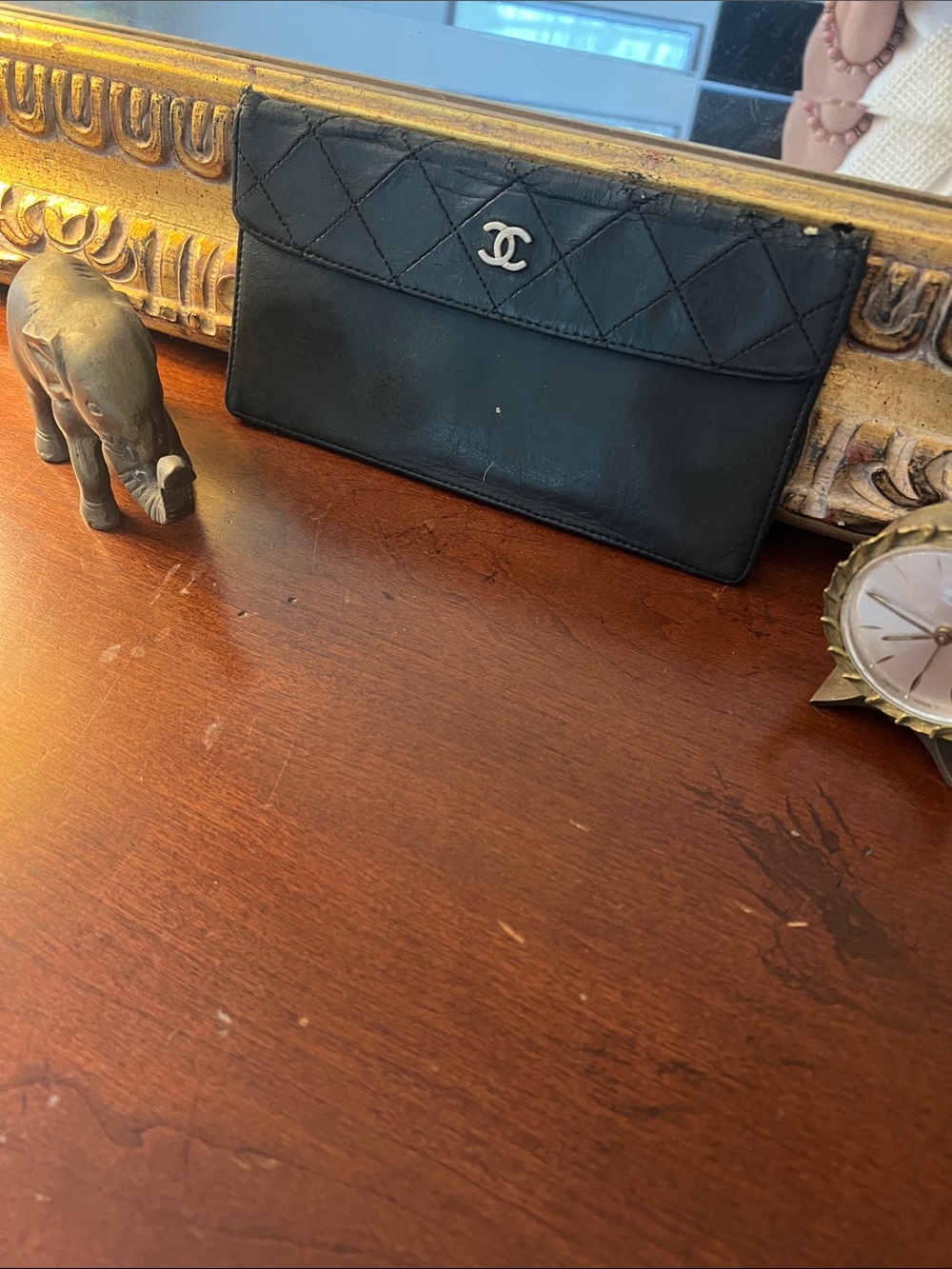 Very Vintage! CHANEL Black Quilted Leather Slim Wallet/ pouch with Silver CC